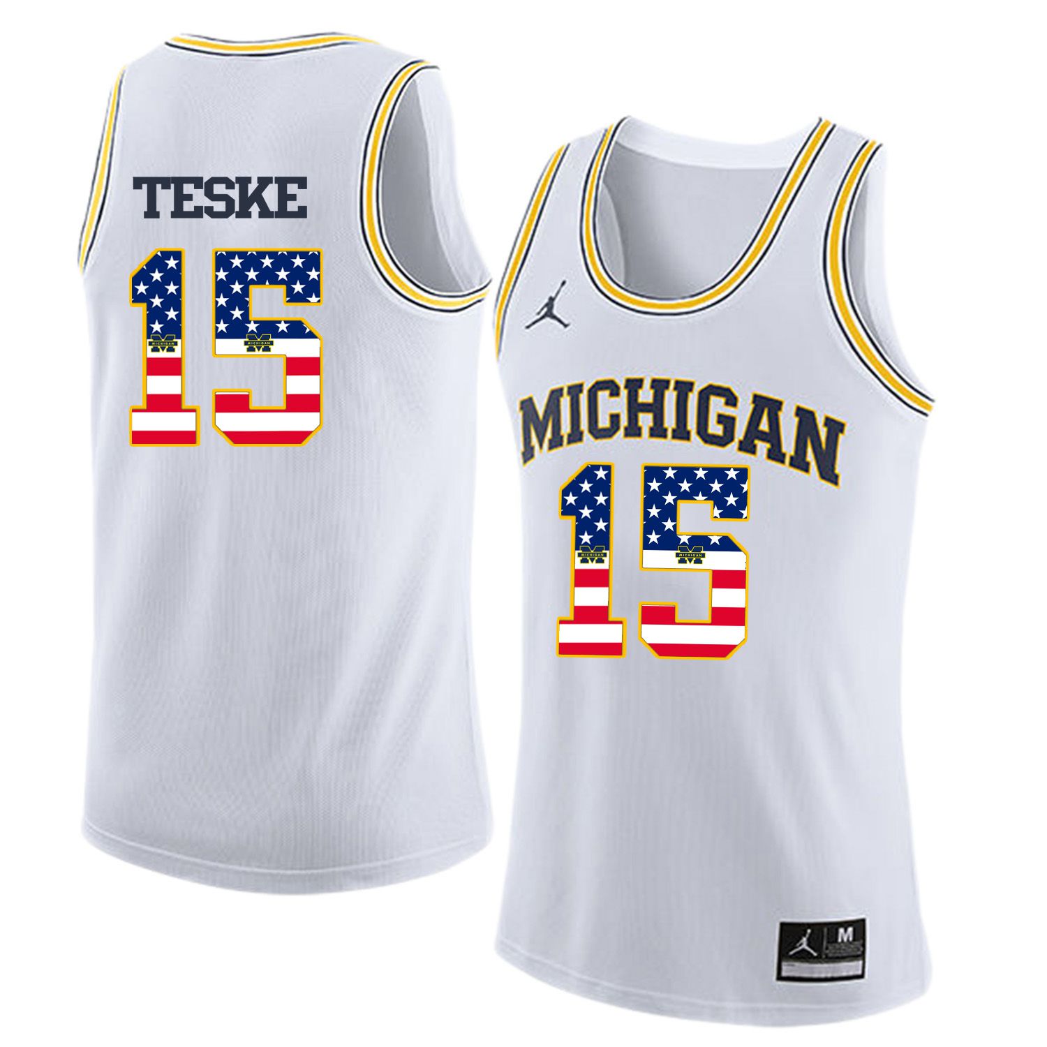 Men Jordan University of Michigan Basketball White #15 Teske Flag Customized NCAA Jerseys->customized ncaa jersey->Custom Jersey